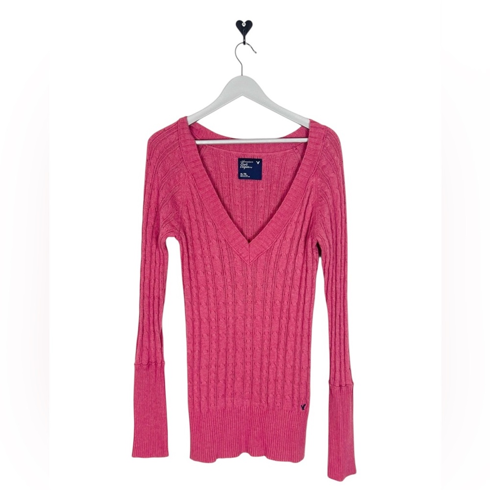 Vintage Y2K American Eagle deep V cableknit sweater long cuff sleeves dusty pink